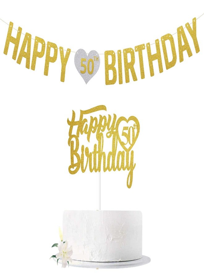 SVM CRAFT® Happy 50th Birthday Cake Topper with Banner, Hello 50, Cheers to 25 Years Old, 50 Years Old Party Decoration Supplies - Image 1